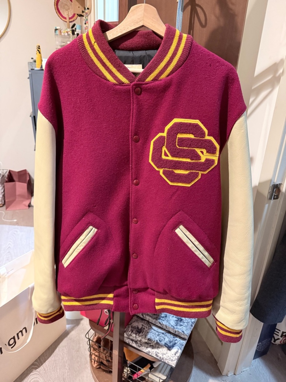 Adult Burgundy & Cream Varsity Jacket with Gold Trim